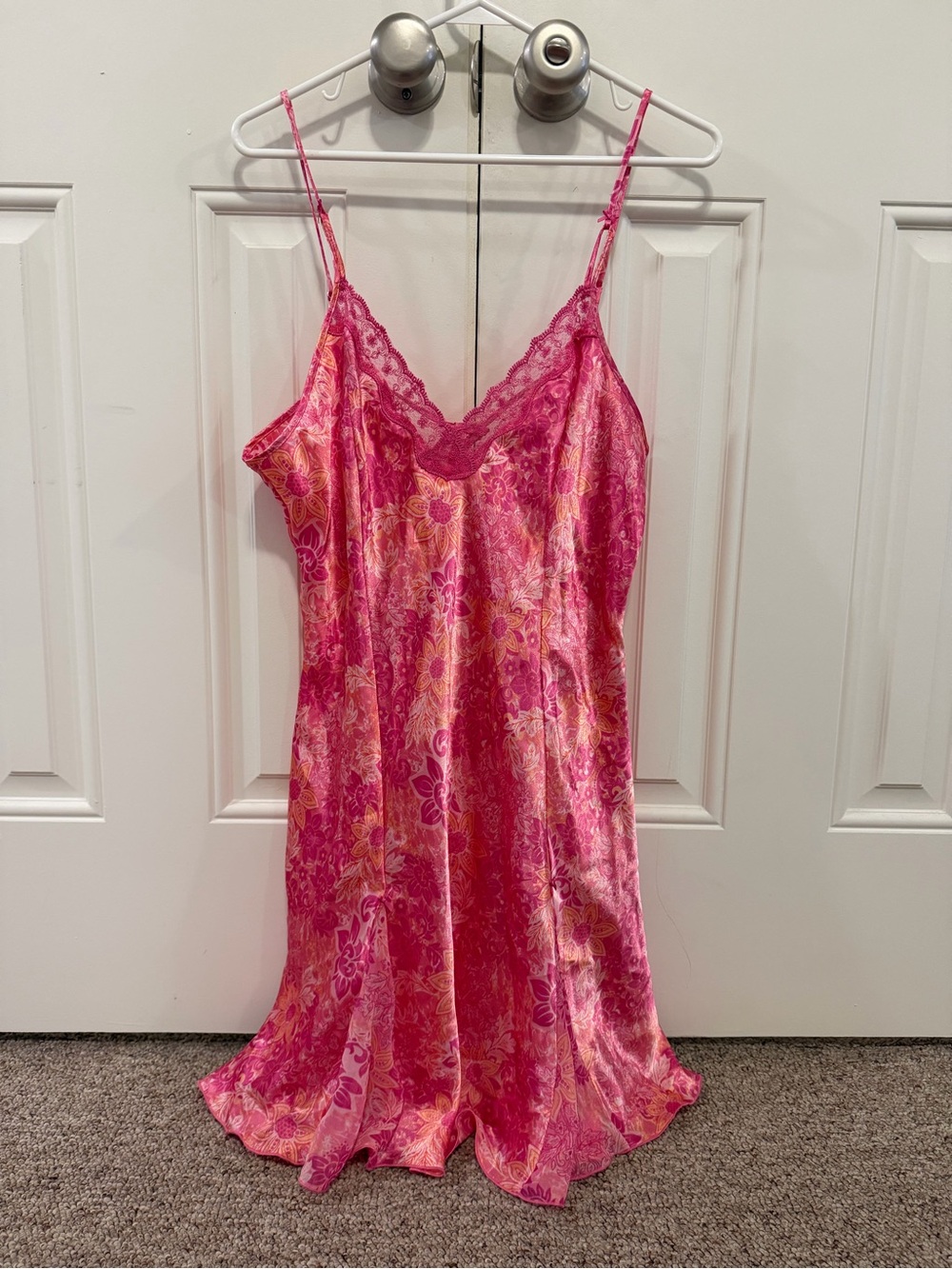 Delicates Vintage Hot Pink Floral Satin Slip with Lace Trim